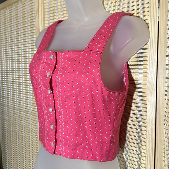 Vintage Handmade Cropped Pink Tank Top Tiny Floral Print Button Front No Size - Picture 3 of 16